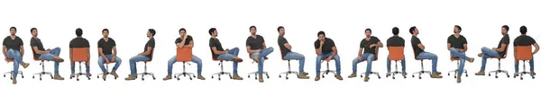 Velká Řada Stejného Muže Sedí Židli Různých Pózách Bílém Pozadí — Stock fotografie