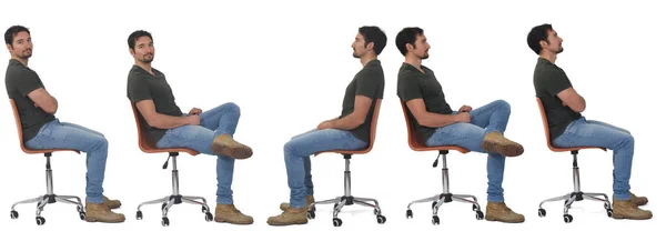 Derselbe Mann Sitzt Auf Profil Verschiedenen Posen Auf Weißem Hintergrund — Stockfoto