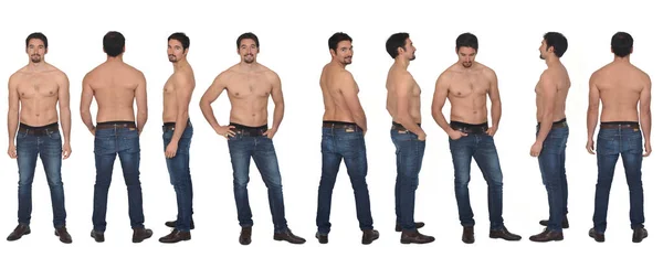 Frente Espalda Vista Lateral Mismo Hombre Sin Camisa Sobre Fondo —  Fotos de Stock