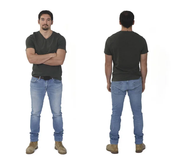 Anteriore Posteriore Stesso Uomo Wiith Jeans Sfondo Bianco — Foto Stock