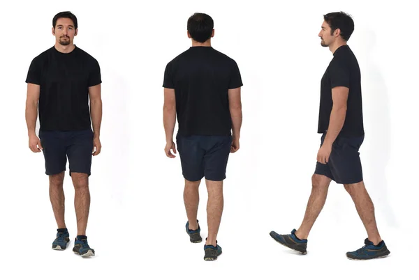 Vista Posteriore Anteriore Laterale Uomo Con Abbigliamento Sportivo Che Cammina — Foto Stock