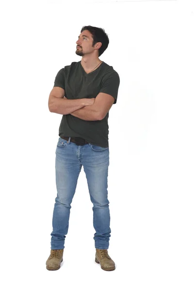 Full Potrait Man Looking Arms Crossed White Background — Stock Photo, Image