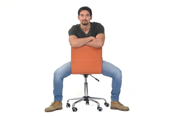 Man Sitting Chair Turned White Background — Stock Photo, Image