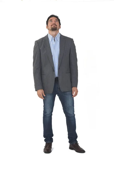 Vue Face Homme Avec Blazer Jeans Regardant Vers Haut Sur — Photo