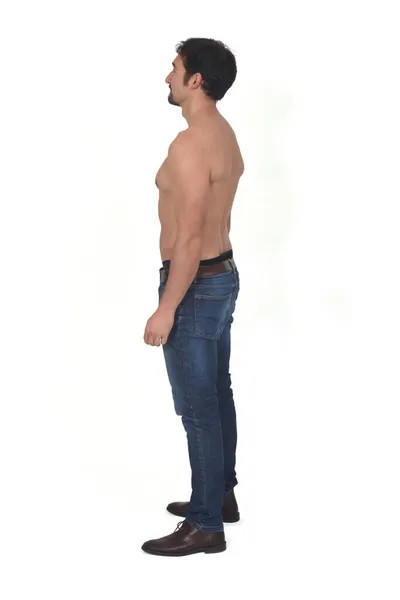 Zijaanzicht Van Een Man Shirtloos Met Blauwe Jeans Witte Achtergrond — Stockfoto