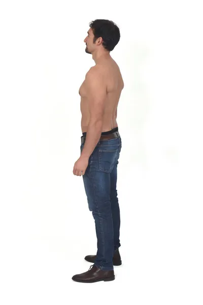 Side View Man Shirtless Blue Jeans White Background — Stock Photo, Image