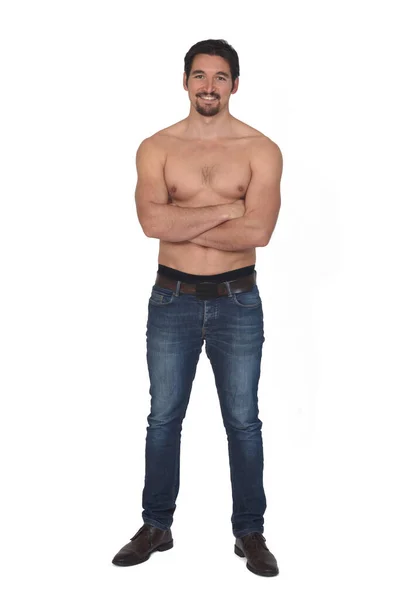 Man Shirtless Blue Jeans Smiling Arms Crossed White Background — Stock Photo, Image