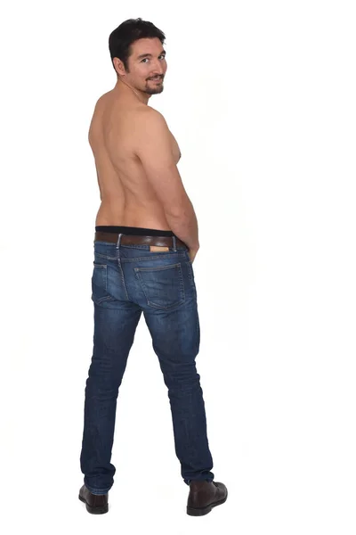 Rear View Man Shirtless Blue Jeans Looking Camera White Background — Stock Photo, Image