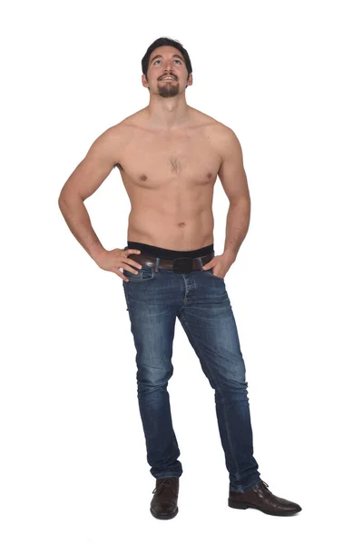 Front View Man Shirtless Blue Jeans Looking White Background — Stock Photo, Image