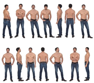 Beyaz arka planda üstsüz büyük bir grup aynı adam.