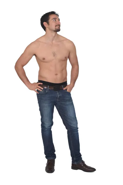 Man Shirtless Blue Jeans Looking Side White Background — Stock Photo, Image