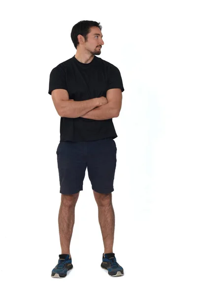 Vista Frontal Homem Vestindo Sportswear Shorts Olhando Lado Isolado Fundo — Fotografia de Stock