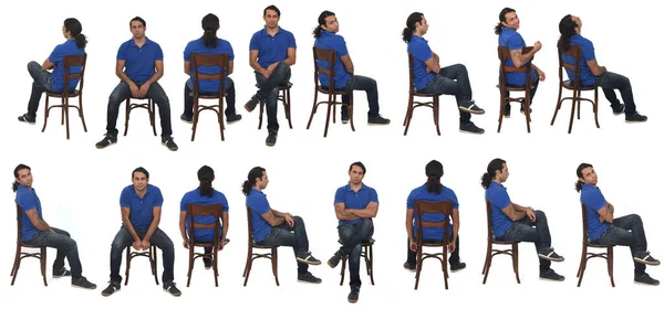 白い背景の椅子に座ってタトゥーのある同じ男性の大集団の正面 側面図 — ストック写真