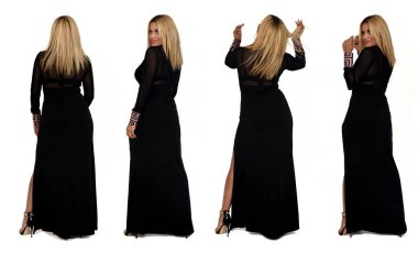 Beyaz arka planda zarif bir elbise giymiş aynı kadının arka planı.