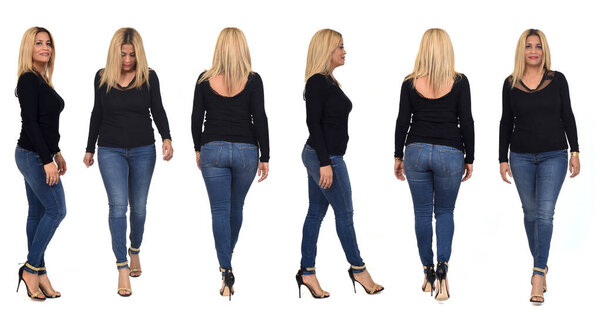 various poses of same women side, back and front view  with jeans and heeled shoes