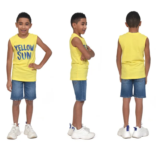 Group Same Boy Front Side Back Dressed Shorts Sleeveless White — Stock Photo, Image