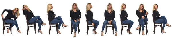 Vista Lateral Frontal Misma Mujer Con Jeans Zapatos Tacón Sentados —  Fotos de Stock