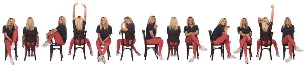 Line Same Woman Sitting Chair White Background — ストック写真