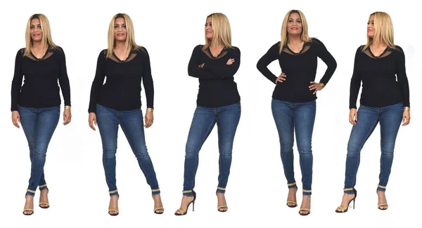 Vista Frontal Mulher Com Jeans Fundo Branco — Fotografia de Stock