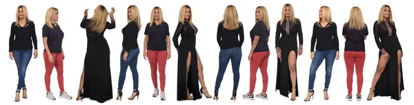 Linea Della Stessa Donna Vestita Con Abiti Diversi Sfondo Bianco — Foto Stock