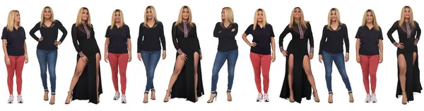 Grote Groep Van Dezelfde Vrouwen Met Verschillende Outfits Witte Achtergrond — Stockfoto