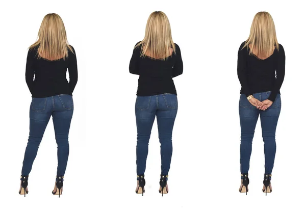 Visão Traseira Uma Mulher Com Jeans Fundo Branco — Fotografia de Stock