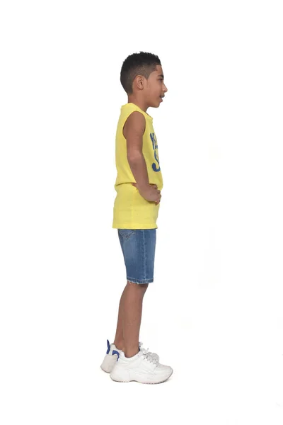 Vista Lateral Retrato Completo Niño Vestido Con Pantalones Cortos Sin —  Fotos de Stock