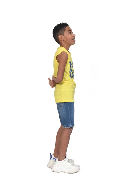 Side View Full Portrait Boy Dressed Shorts Sleeveless Hands Back — стоковое фото