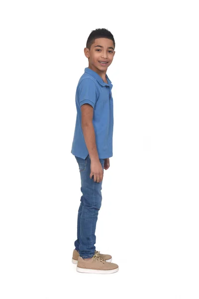Side View Boy Smiling Looking Camera White Background — Stock Photo, Image