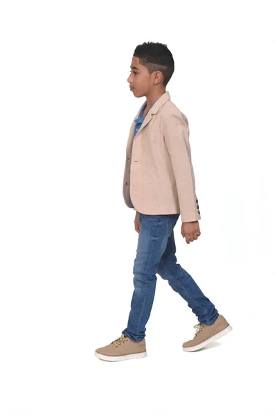 Side View Boy Jeans Blazer Walking White Background — ストック写真