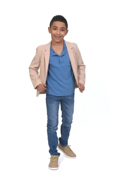 Retrato Completo Niño Con Chaqueta Sobre Fondo Blanco — Foto de Stock