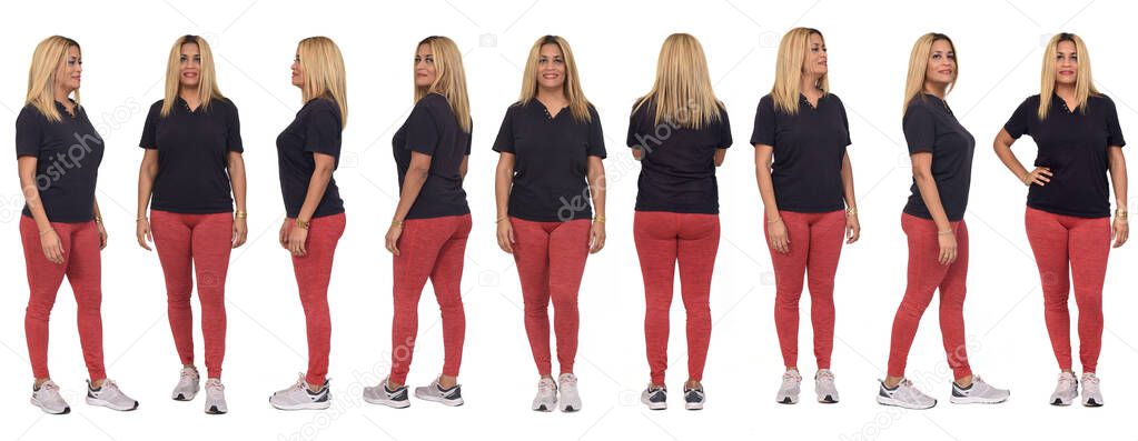 large group of various poses of same woman with sportswear on white background