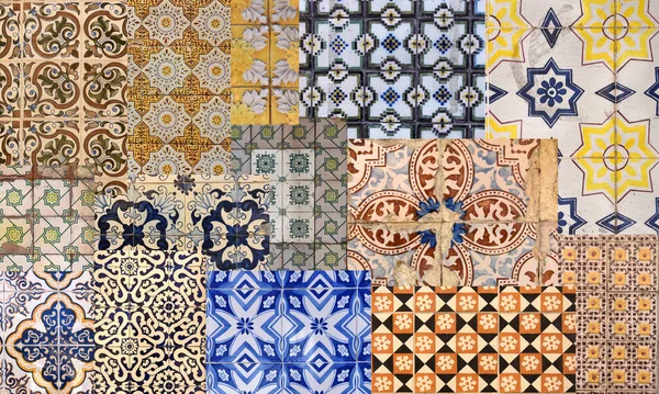 Colagem Vários Azulejos Portugueses Fotografados Nas Fachadas Das Casas — Fotografia de Stock