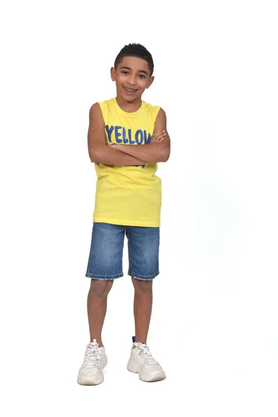 Full Portrait Boy Dressed Shorts Sleeveless Arms Crossed White Background — ストック写真