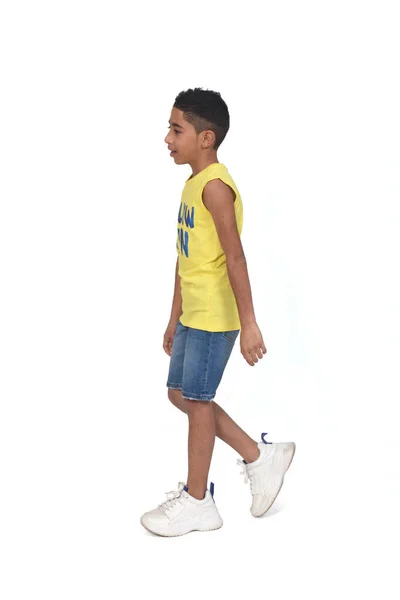 Vista Lateral Retrato Completo Niño Vestido Con Pantalones Cortos Sin — Foto de Stock