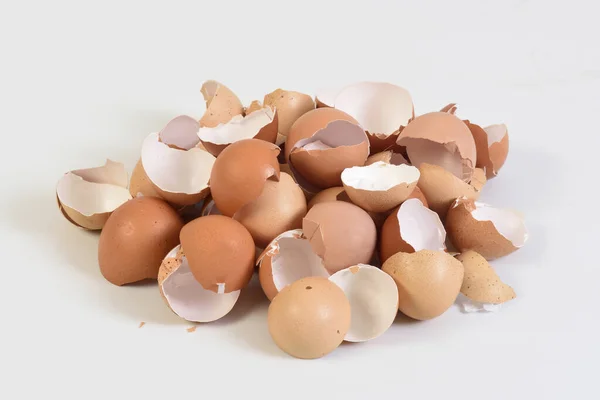 Elevated View Pile Eggshells White Background — Zdjęcie stockowe