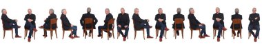 large line of same man sitting on chair on wnite background
