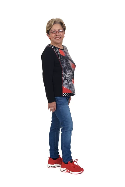 Side View Full Portrait Senior Woman Standing Looking Camera White — Stockfoto