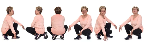 Various Poses Same Senior Woman Squatting White Background — Fotografia de Stock