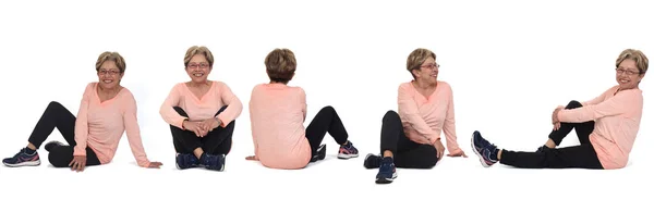 Group Same Senior Woman Sitting Floor White Background — 스톡 사진