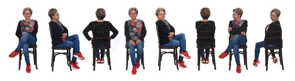 Group Same Women Sitting Chair White Background — стоковое фото