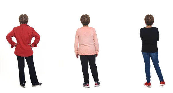 Rear View Same Senior Woman Various Outfits White Background — 스톡 사진