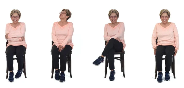 Front View Same Senior Woman Sitting Chair Various Poses White — 스톡 사진