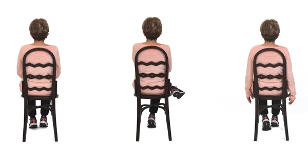 Rear View Same Senior Woman Sitting Chair Various Poses White — Stock fotografie