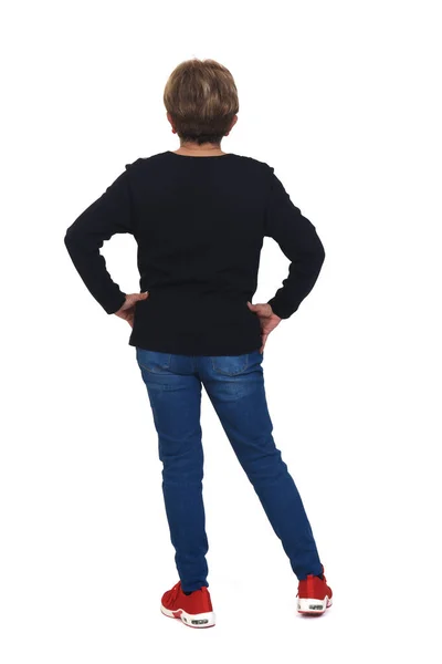 Rear View Full Portrait Senior Woman Hand Waist White Background — 스톡 사진