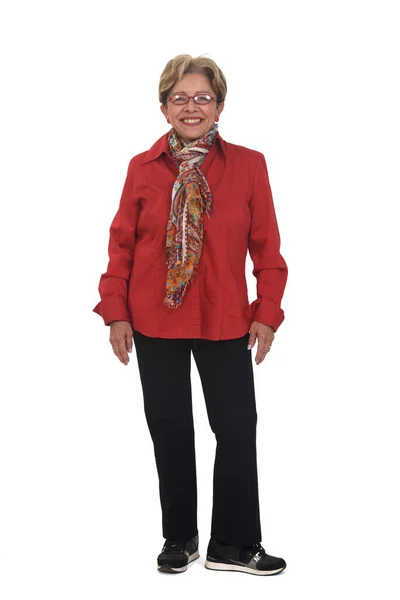 Вид Спереди Полный Портрет Счастливой Пожилой Женщины Рубашке Брюках Смотрящей — стоковое фото