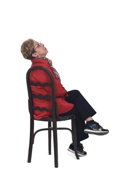 Side View Full Portrait Senior Woman Shirt Pants Sitting Chair — 스톡 사진