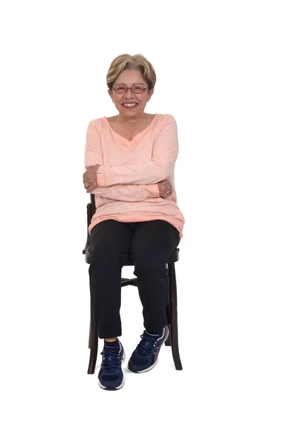 Front View Full Portrait Happy Senior Woman Sitting Chair Dressed — Stok Foto