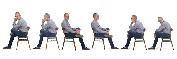 Side View Group Same Man Sitting Chair White Background — 스톡 사진