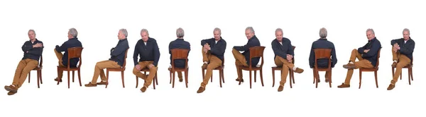 Various Poses Large Group Same Men Sitting Chair White Background — стоковое фото